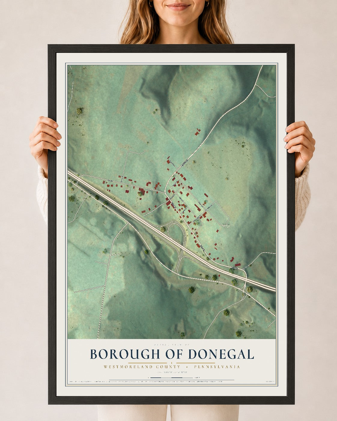 Map of the Borough of Donegal, Westmoreland County, Pennsylvania, 24 x 36 inch print in a black wood frame