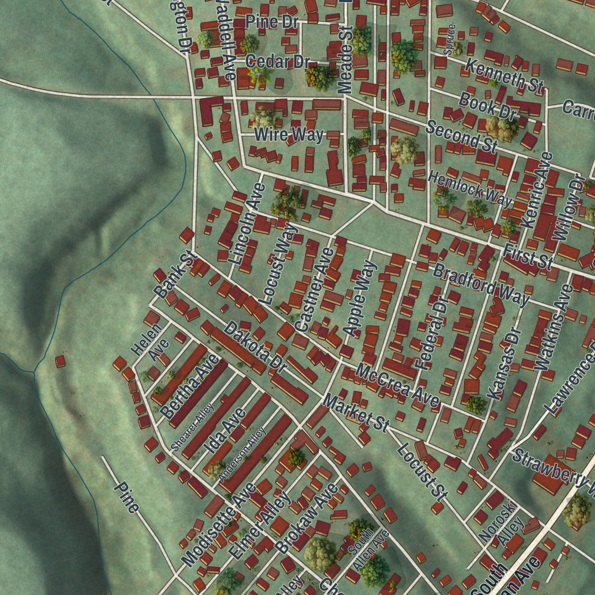 Second close-up of the map of Donora, Pennsylvania print showing more streets and buildings
