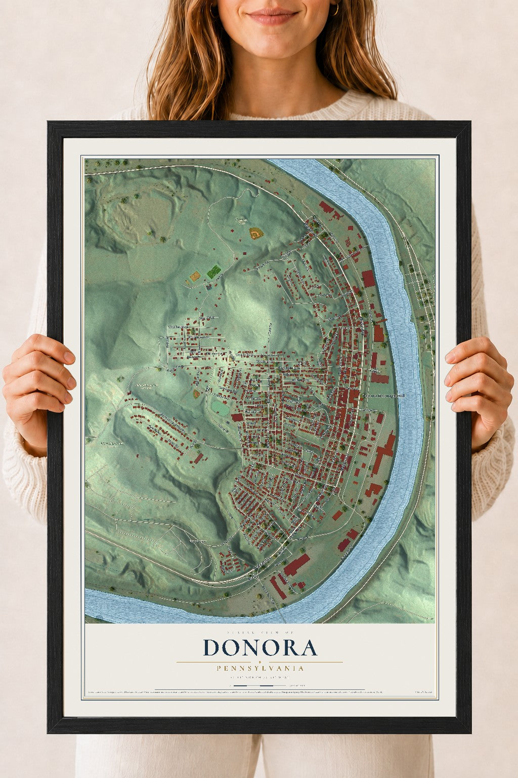 Map of Donora, Pennsylvania, 18 x 24 inch print in a black wood frame