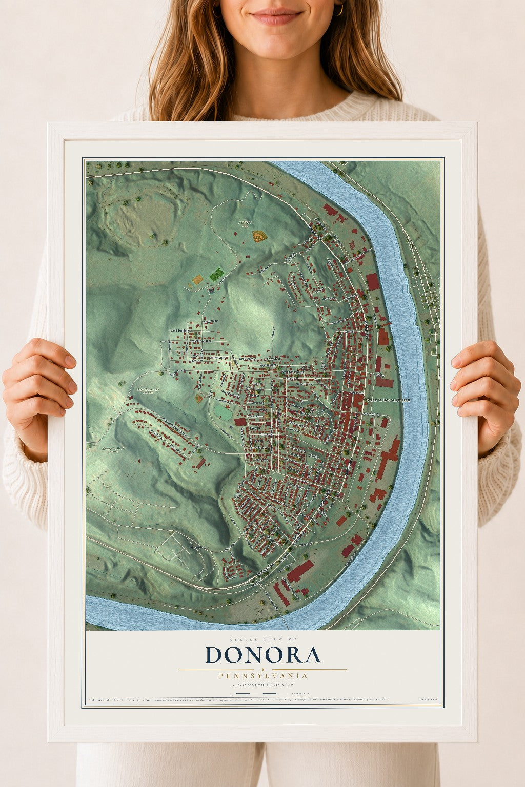 Map of Donora, Pennsylvania, 18 x 24 inch print in a white wood frame