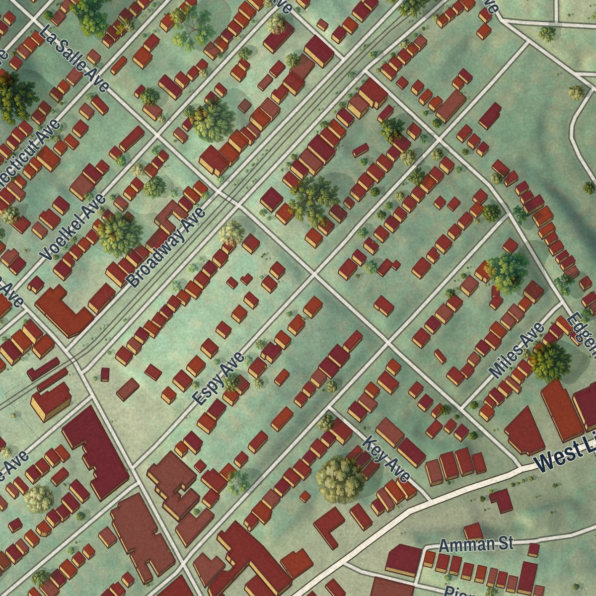 Second close-up of the map of Dormont, Pennsylvania print showing more streets and buildings