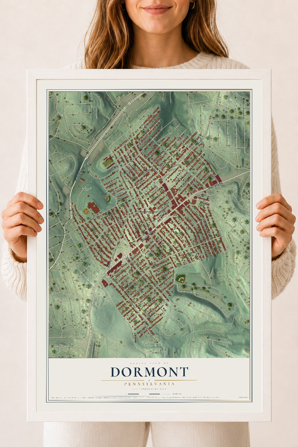 Map of Dormont, Pennsylvania, 18 x 24 inch print in a white wood frame
