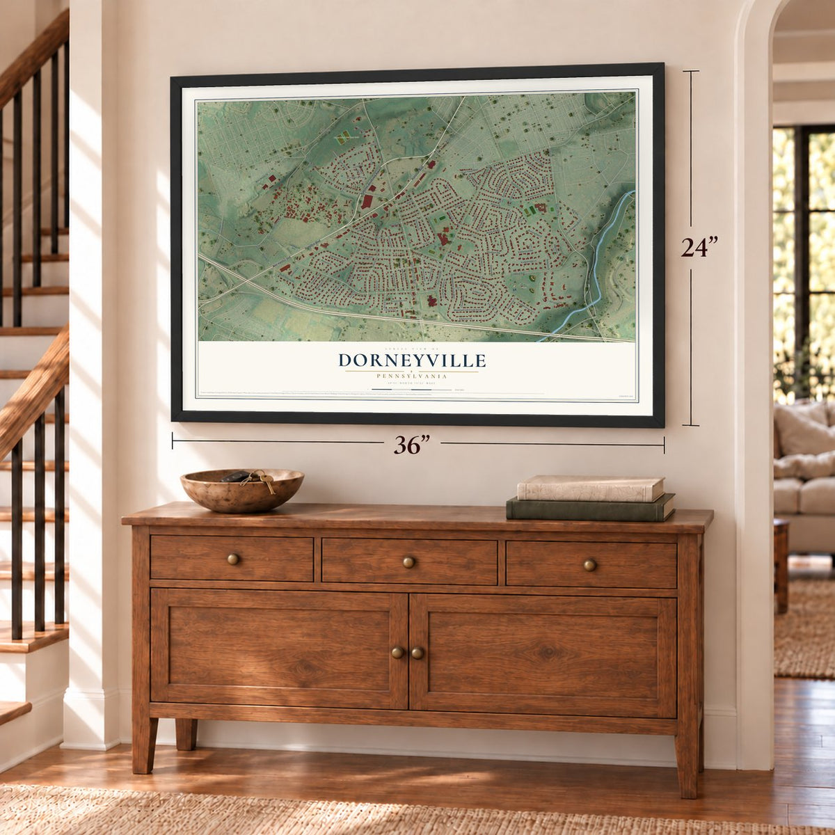Dorneyville, Pennsylvania map, 24 x 36 inch print in a black frame above a dresser by a staircase