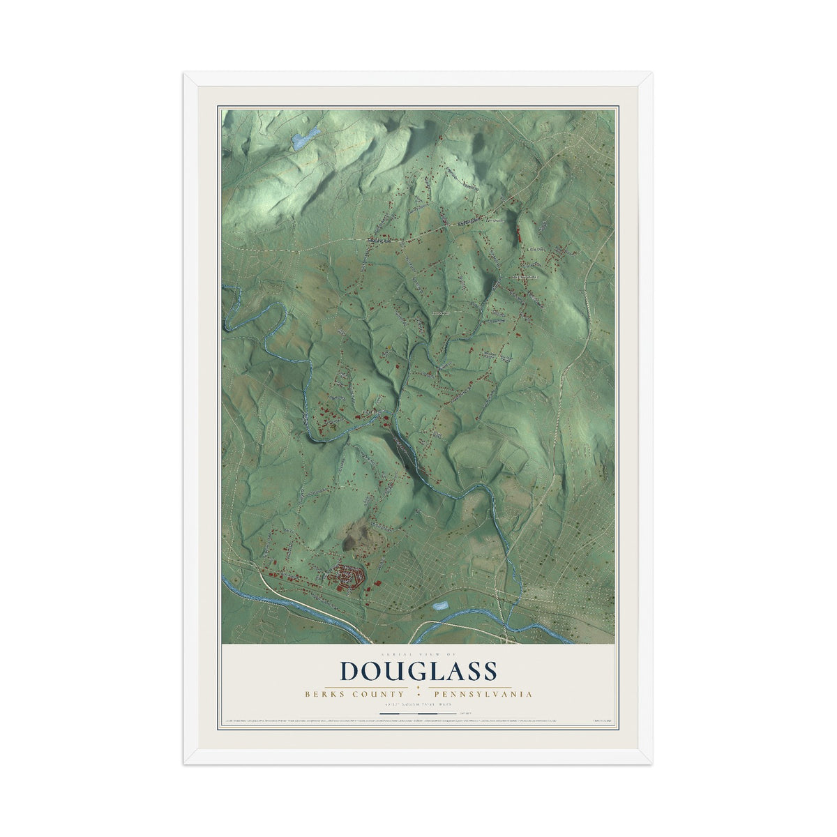 Map of Douglass, Berks County, Pennsylvania, 12 x 18 inch print in a white wood frame