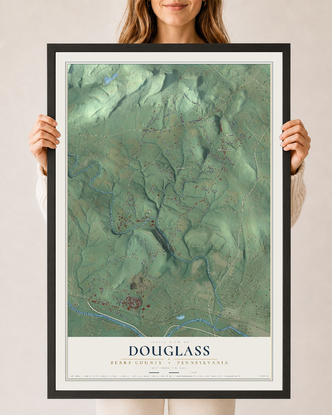 Map of Douglass, Berks County, Pennsylvania, 24 x 36 inch print in a black wood frame