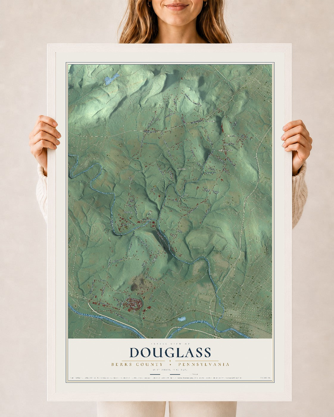 Map of Douglass, Berks County, Pennsylvania, 24 x 36 inch print in a white wood frame