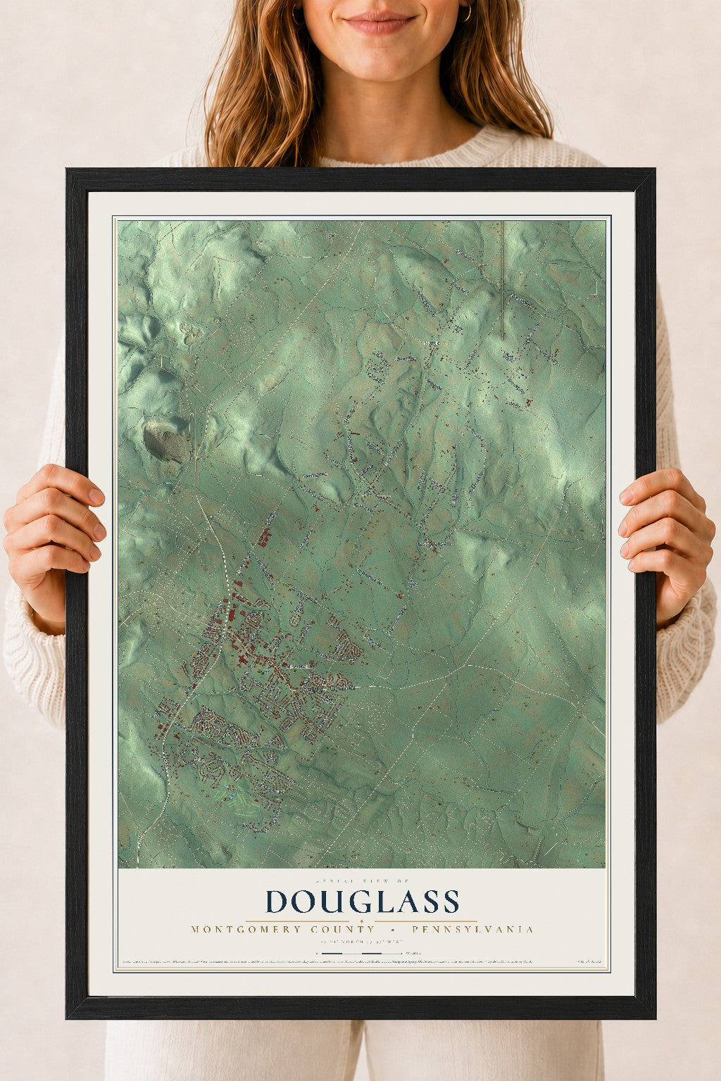 Map of Douglass, Montgomery County, Pennsylvania, 18 x 24 inch print in a black wood frame
