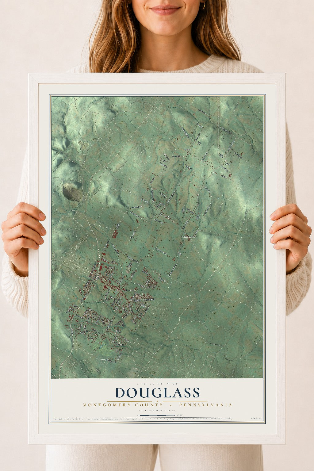 Map of Douglass, Montgomery County, Pennsylvania, 18 x 24 inch print in a white wood frame