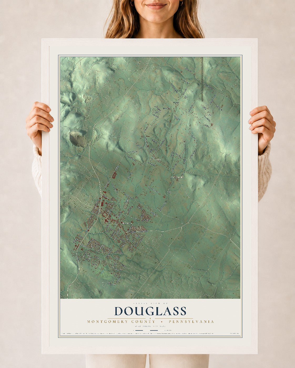 Map of Douglass, Montgomery County, Pennsylvania, 24 x 36 inch print in a white wood frame