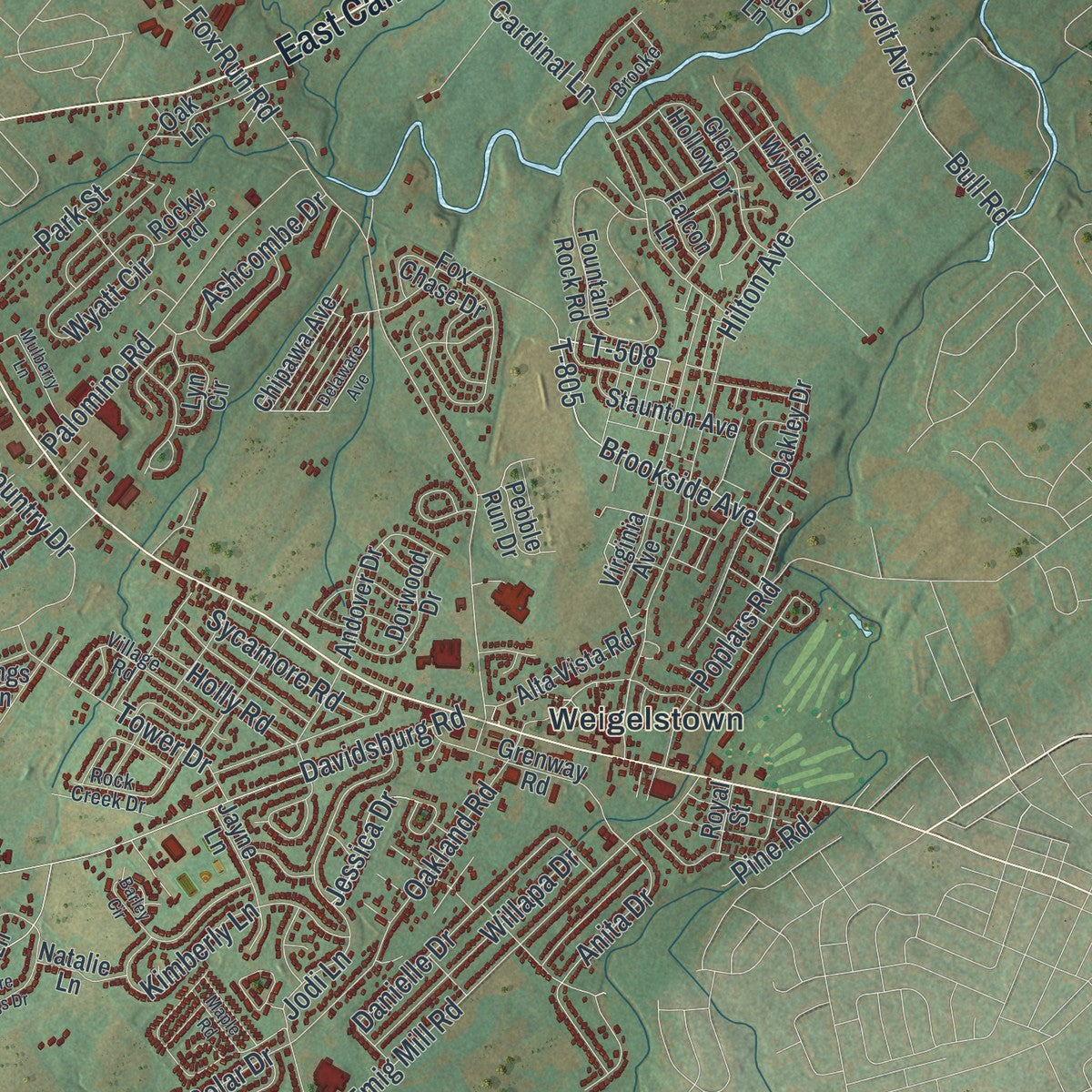 Close-up of the map of Dover, York County, Pennsylvania print showing street and building detail