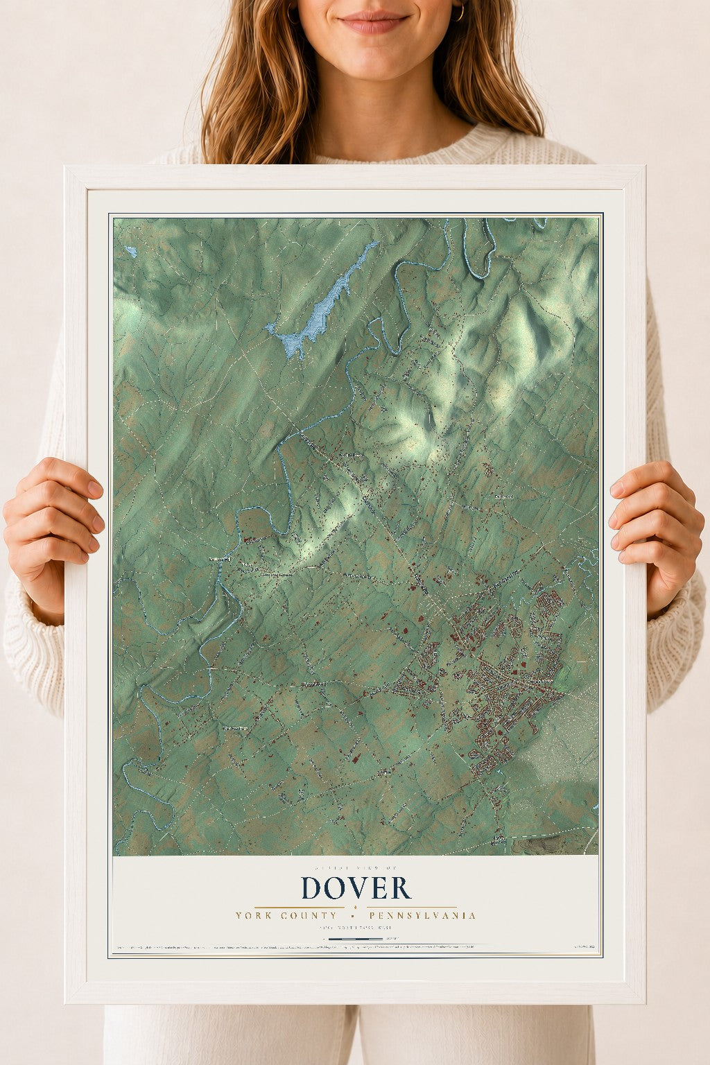 Map of Dover, York County, Pennsylvania, 18 x 24 inch print in a white wood frame