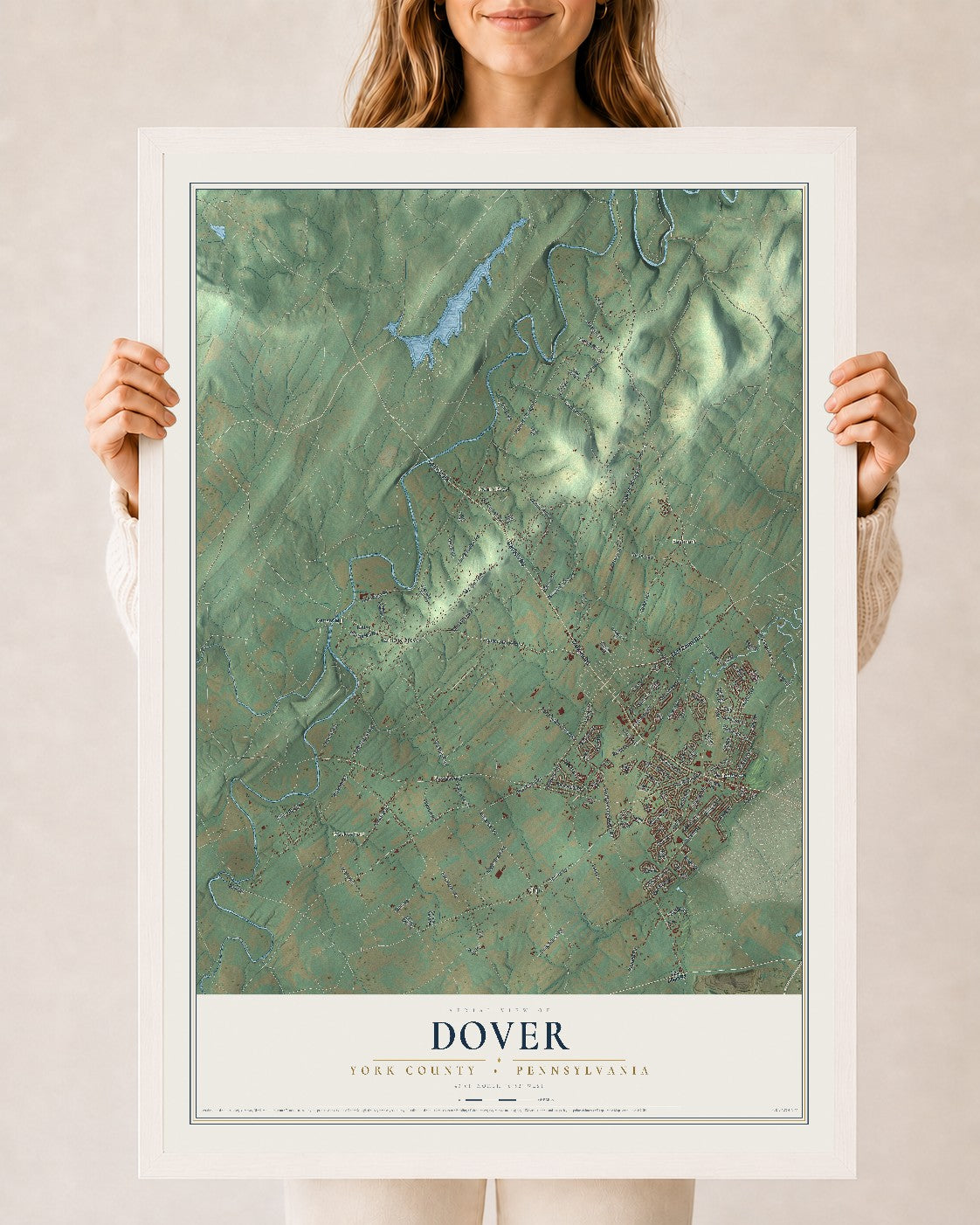 Map of Dover, York County, Pennsylvania, 24 x 36 inch print in a white wood frame