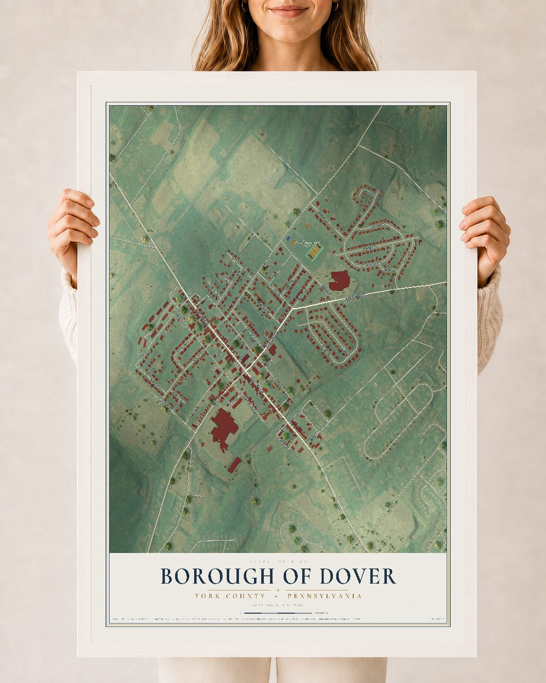 Map of the Borough of Dover, York County, Pennsylvania, 24 x 36 inch print in a white wood frame