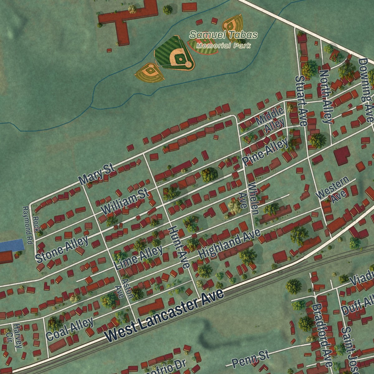 Close-up of the map of Downingtown, Pennsylvania print showing street and building detail