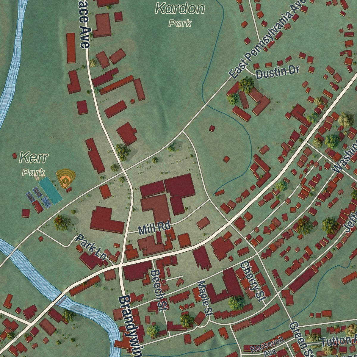 Second close-up of the map of Downingtown, Pennsylvania print showing more streets and buildings