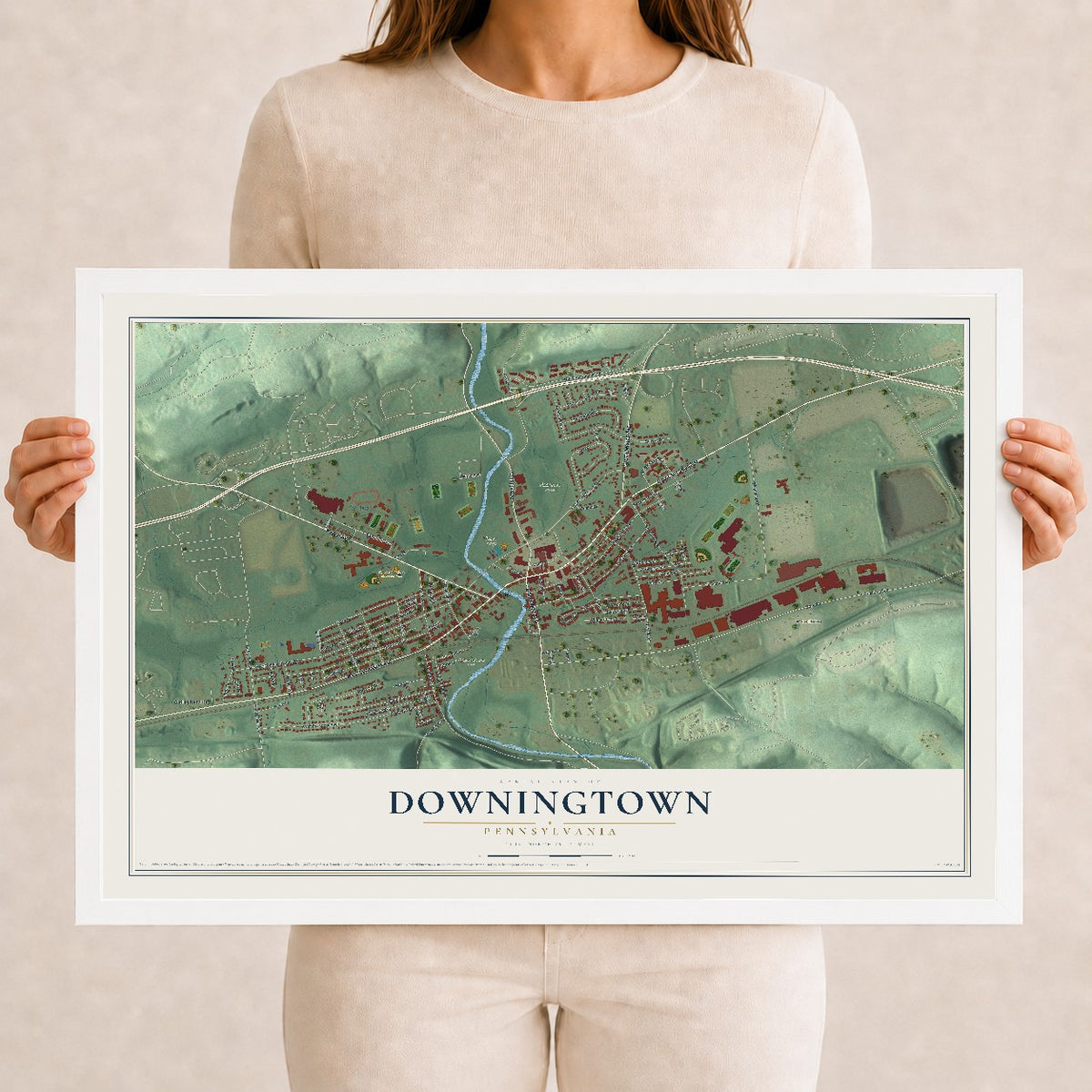 Map of Downingtown, Pennsylvania, 12 x 18 inch print in a white wood frame