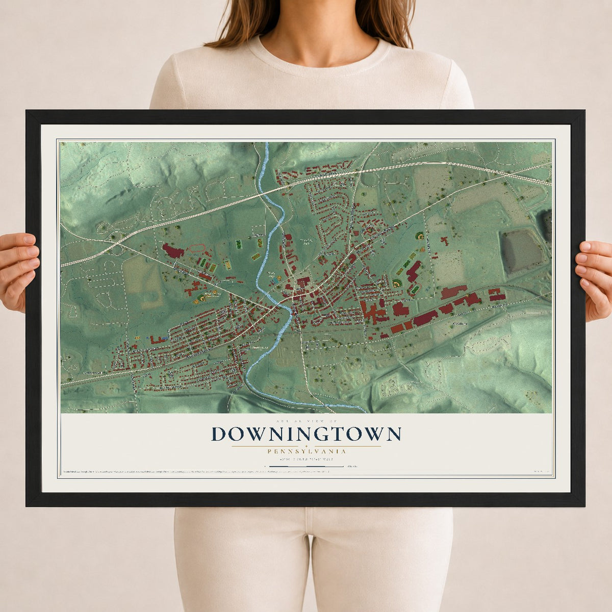 Map of Downingtown, Pennsylvania, 18 x 24 inch print in a black wood frame