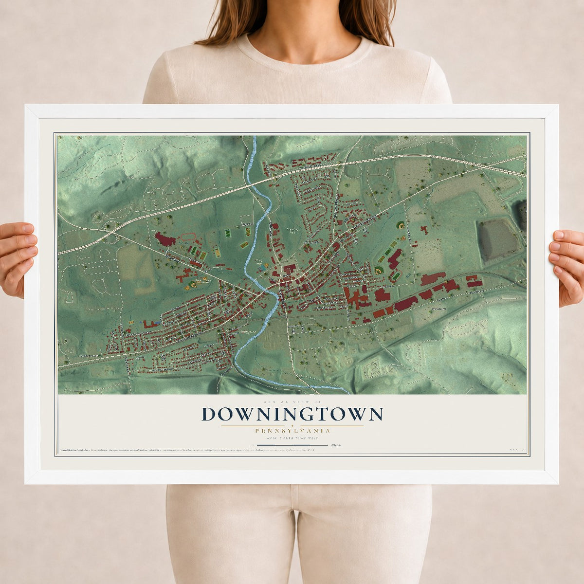 Map of Downingtown, Pennsylvania, 18 x 24 inch print in a white wood frame