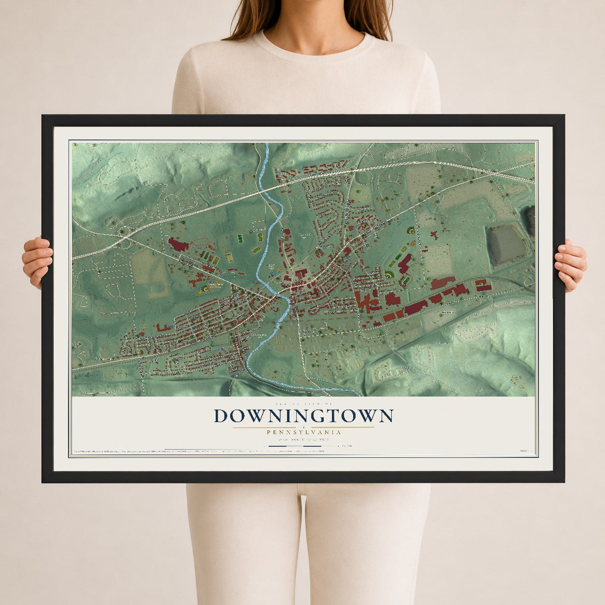 Map of Downingtown, Pennsylvania, 24 x 36 inch print in a black wood frame