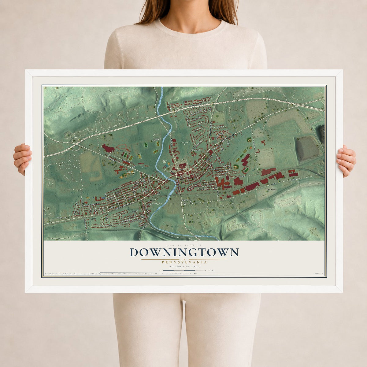 Map of Downingtown, Pennsylvania, 24 x 36 inch print in a white wood frame
