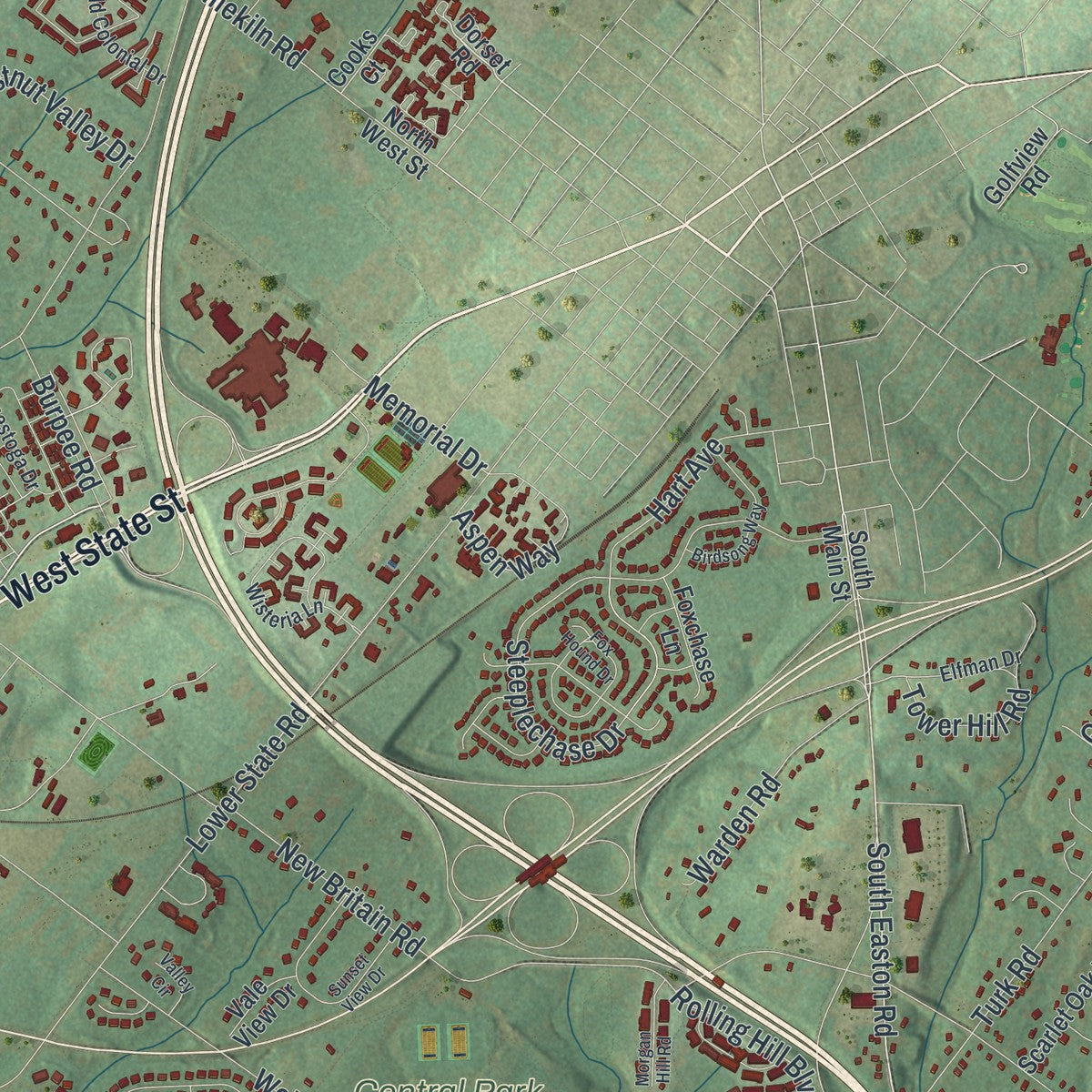Close-up of the map of Doylestown, Bucks County, Pennsylvania print showing street and building detail