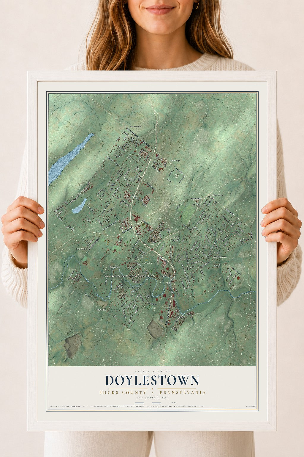 Map of Doylestown, Bucks County, Pennsylvania, 18 x 24 inch print in a white wood frame