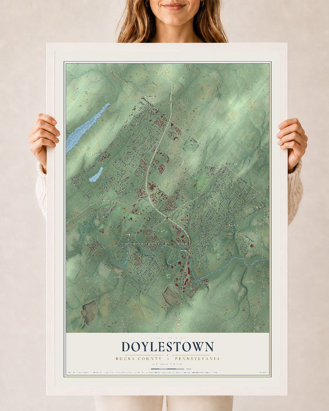 Map of Doylestown, Bucks County, Pennsylvania, 24 x 36 inch print in a white wood frame