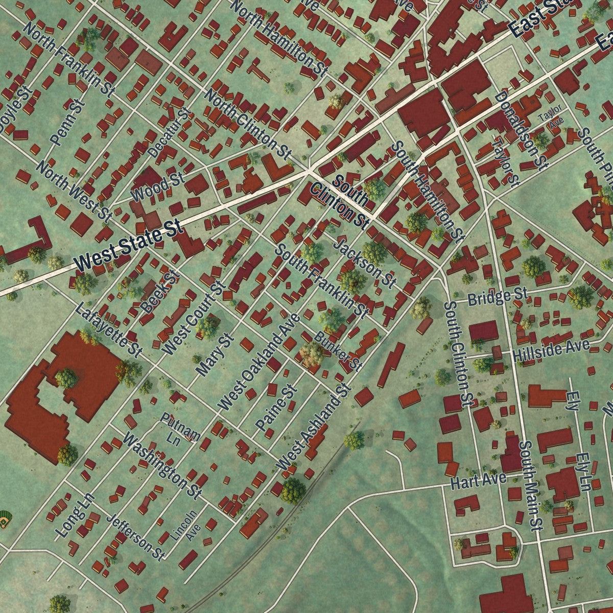 Close-up of the map of the Borough of Doylestown, Bucks County, Pennsylvania print showing street and building detail