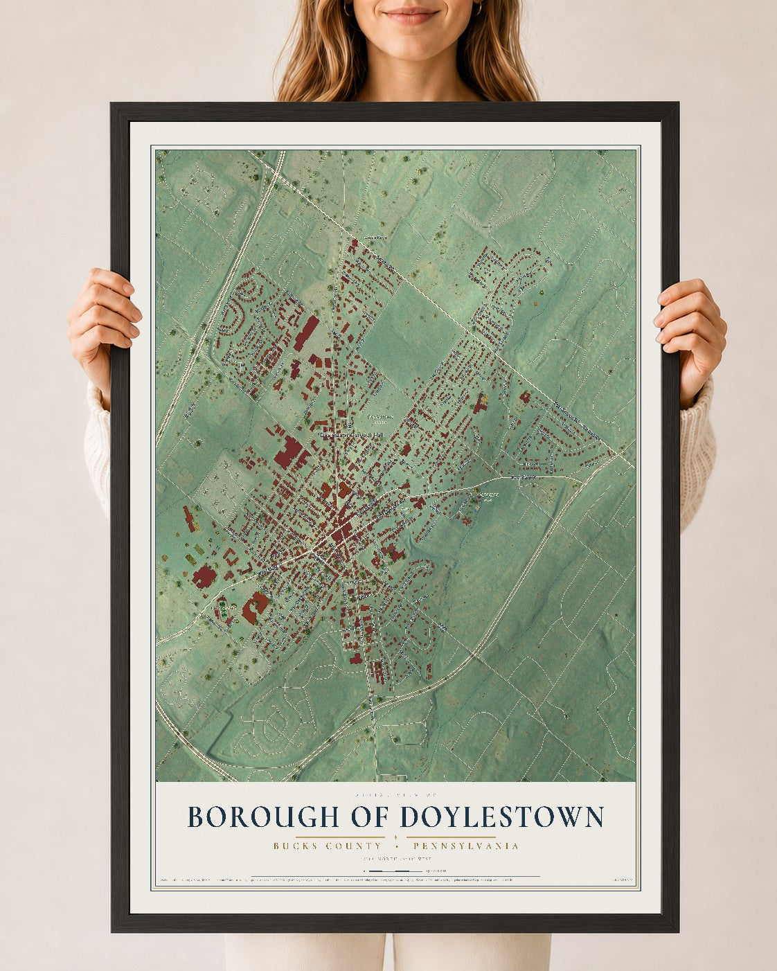 Map of the Borough of Doylestown, Bucks County, Pennsylvania, 24 x 36 inch print in a black wood frame