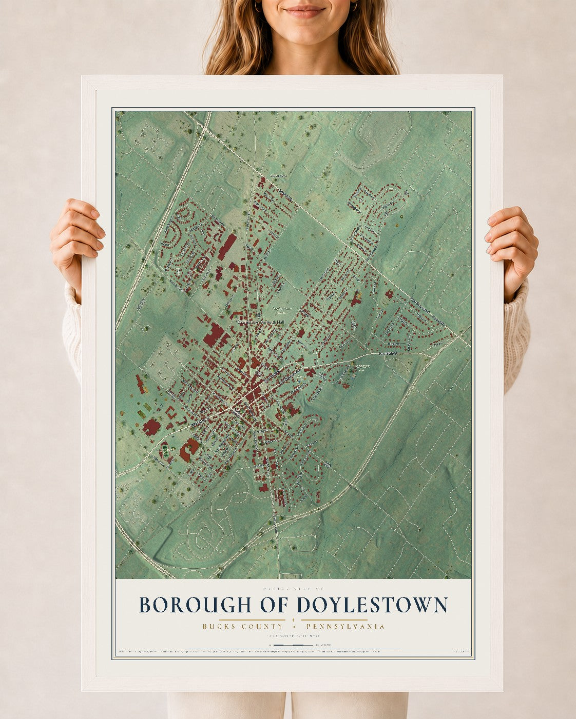 Map of the Borough of Doylestown, Bucks County, Pennsylvania, 24 x 36 inch print in a white wood frame