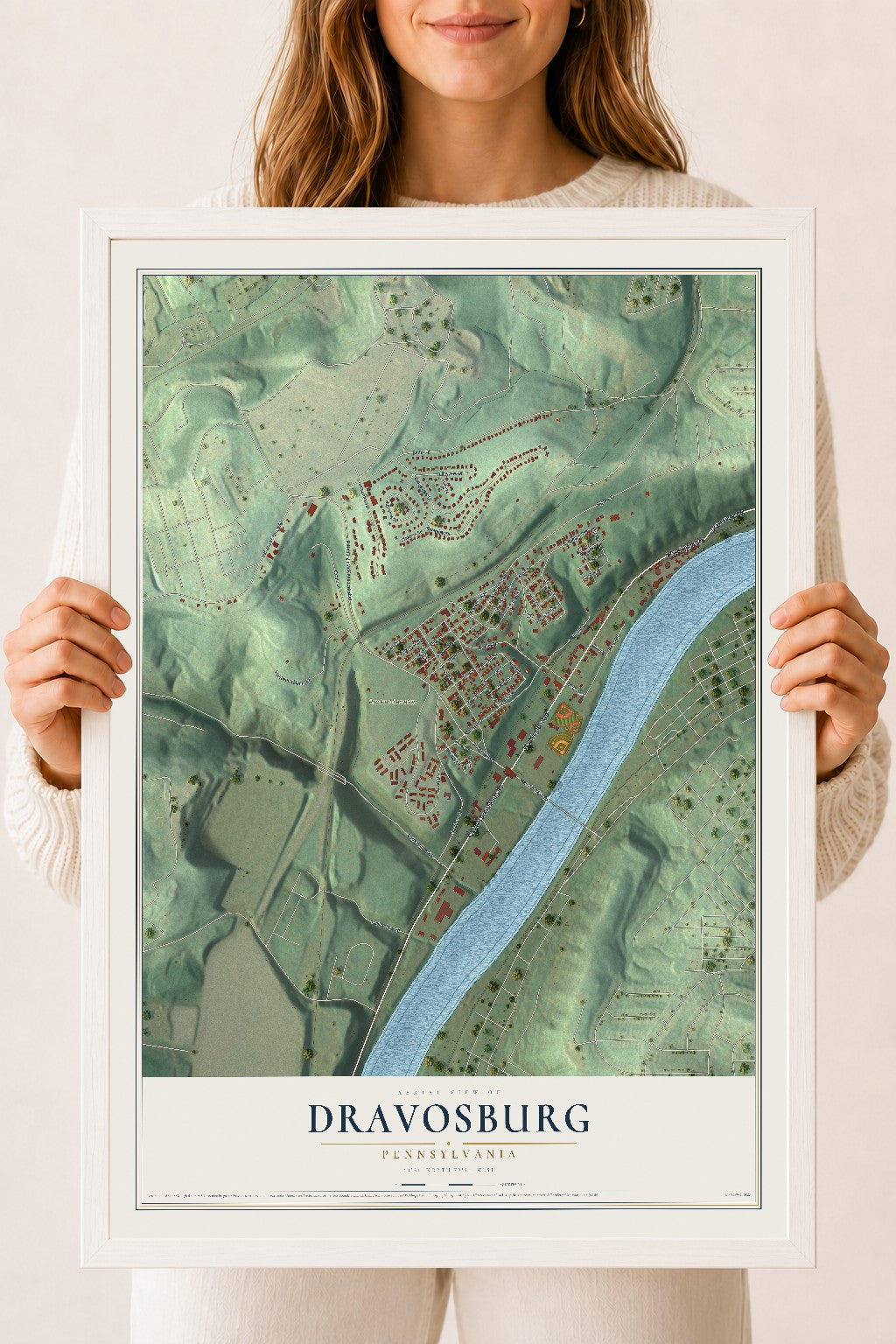 Map of Dravosburg, Pennsylvania, 18 x 24 inch print in a white wood frame