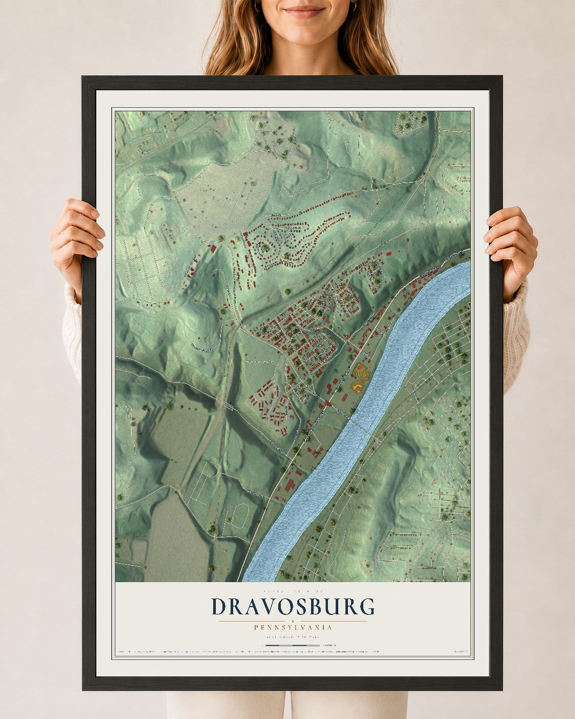 Map of Dravosburg, Pennsylvania, 24 x 36 inch print in a black wood frame