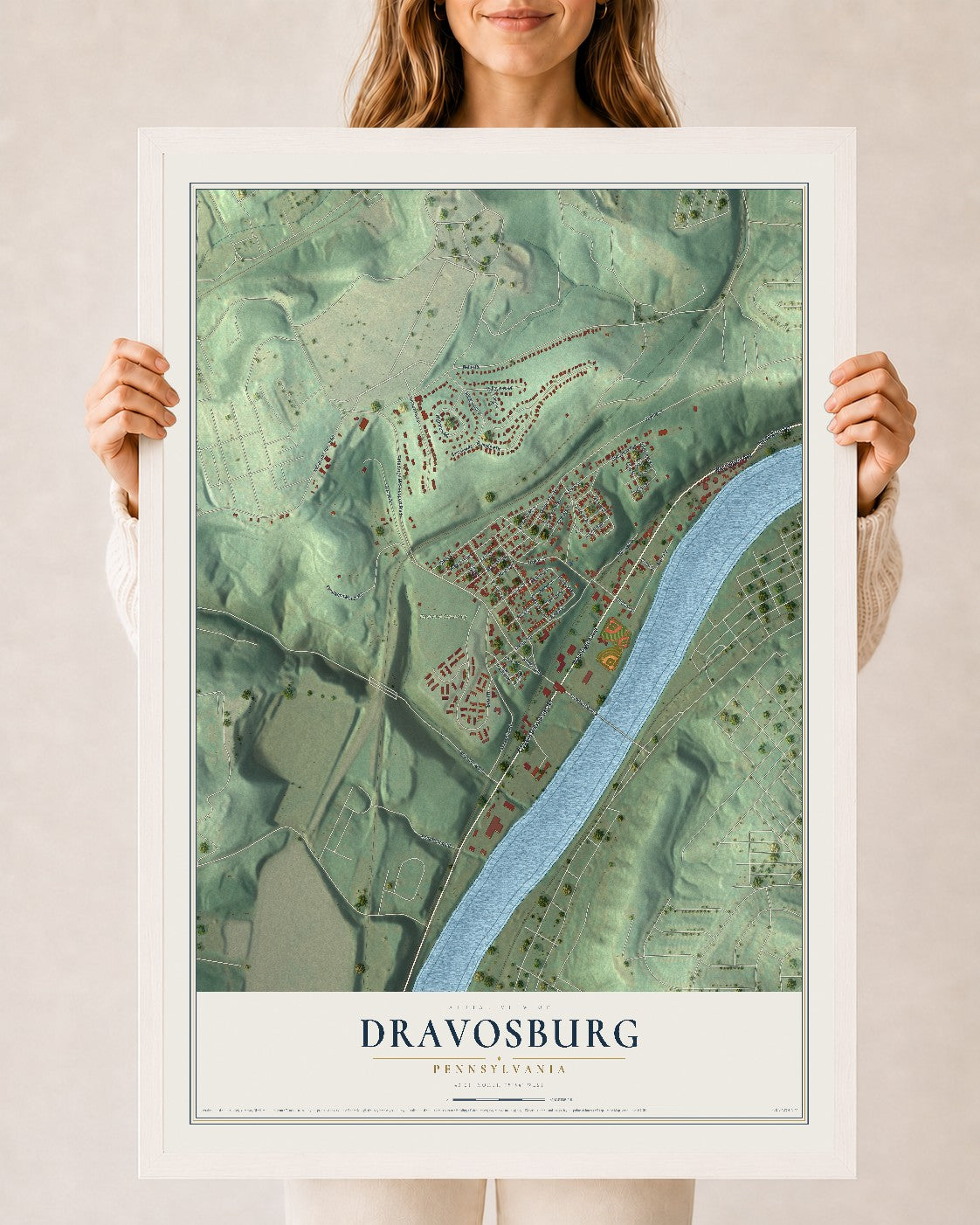 Map of Dravosburg, Pennsylvania, 24 x 36 inch print in a white wood frame