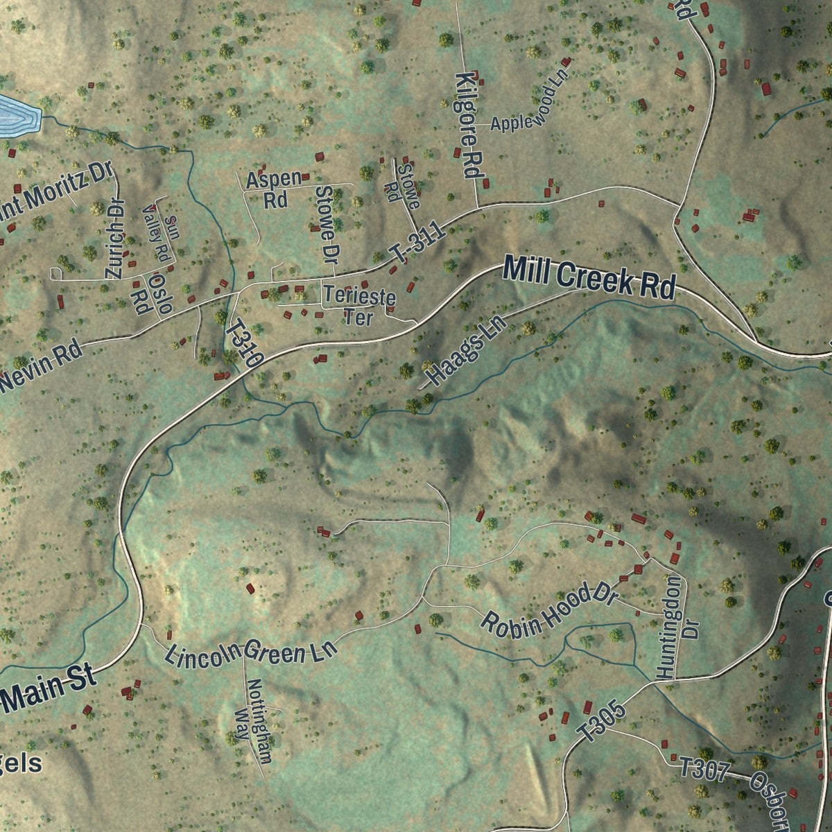 Close-up of the map of Dreher, Pennsylvania print showing street and building detail
