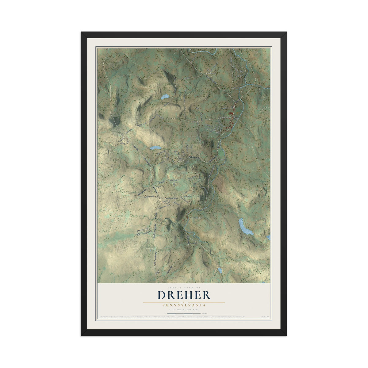 Map of Dreher, Pennsylvania, 12 x 18 inch print in a black wood frame