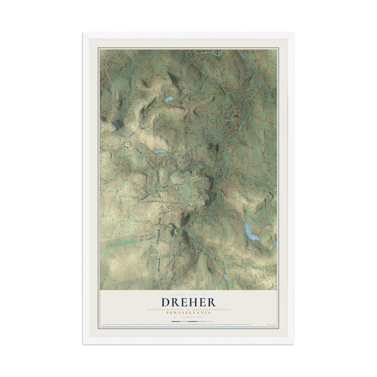 Map of Dreher, Pennsylvania, 12 x 18 inch print in a white wood frame