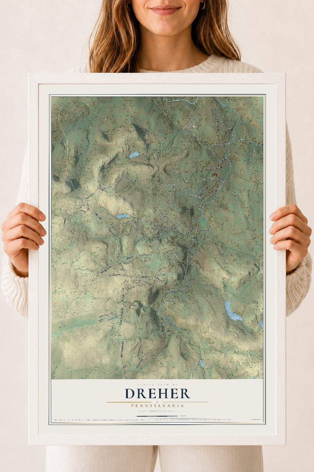Map of Dreher, Pennsylvania, 18 x 24 inch print in a white wood frame