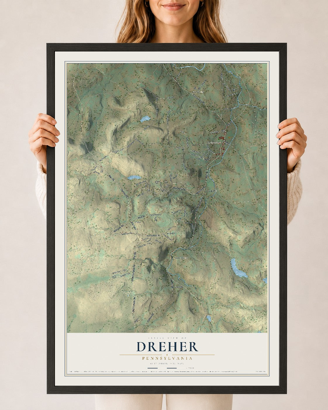 Map of Dreher, Pennsylvania, 24 x 36 inch print in a black wood frame