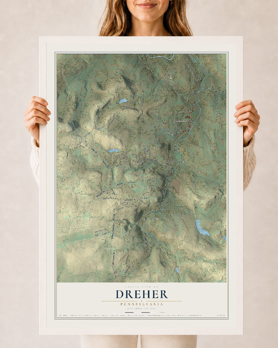Map of Dreher, Pennsylvania, 24 x 36 inch print in a white wood frame