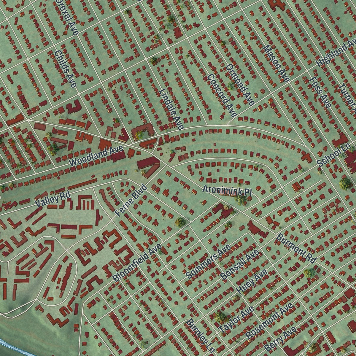 Close-up of the map of Drexel Hill, Pennsylvania print showing street and building detail