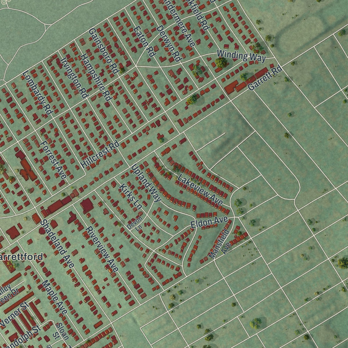 Second close-up of the map of Drexel Hill, Pennsylvania print showing more streets and buildings