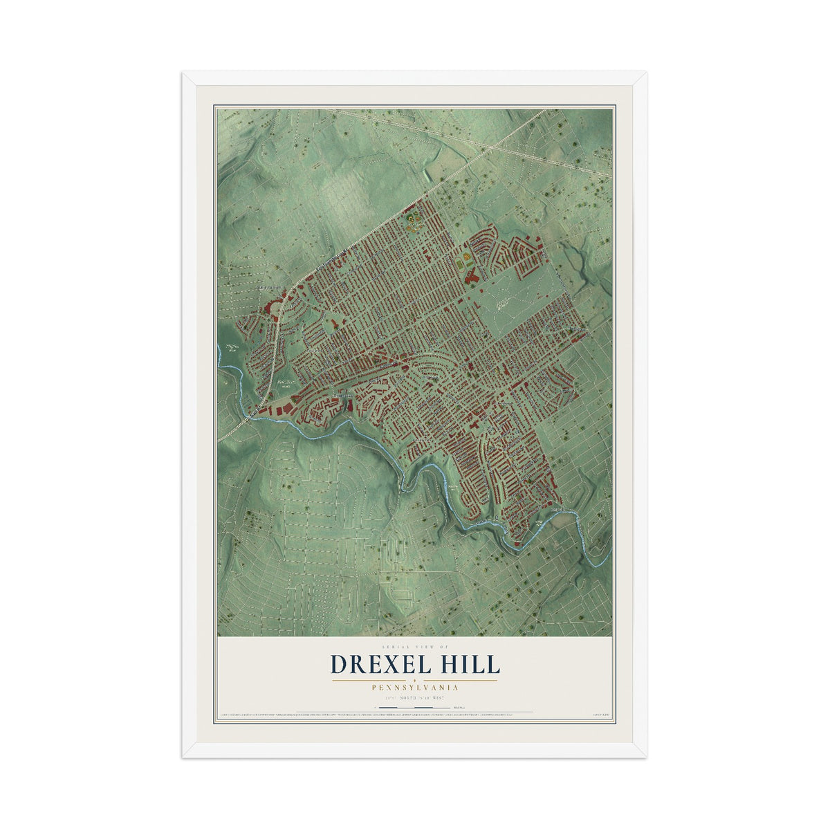 Map of Drexel Hill, Pennsylvania, 12 x 18 inch print in a white wood frame
