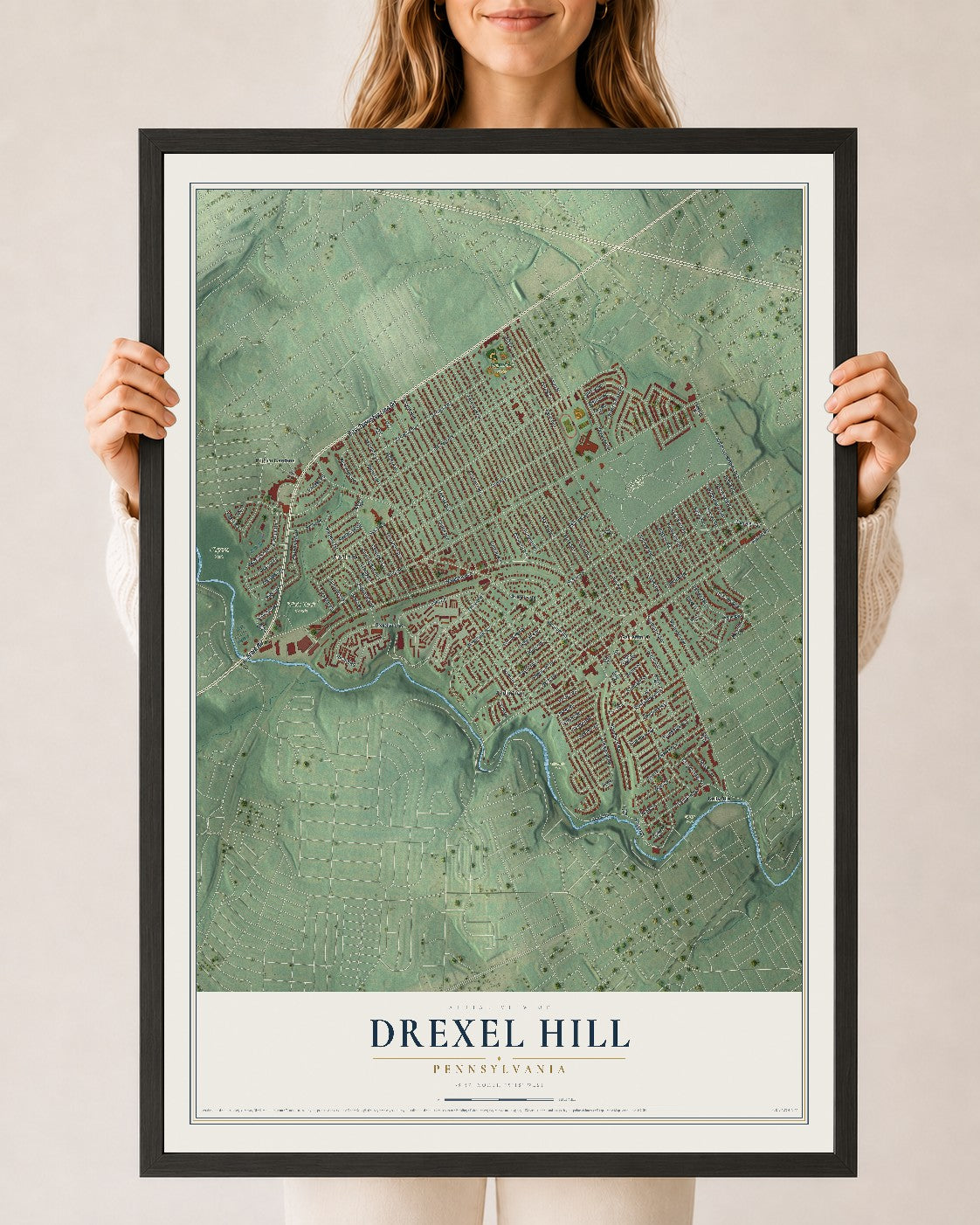 Map of Drexel Hill, Pennsylvania, 24 x 36 inch print in a black wood frame