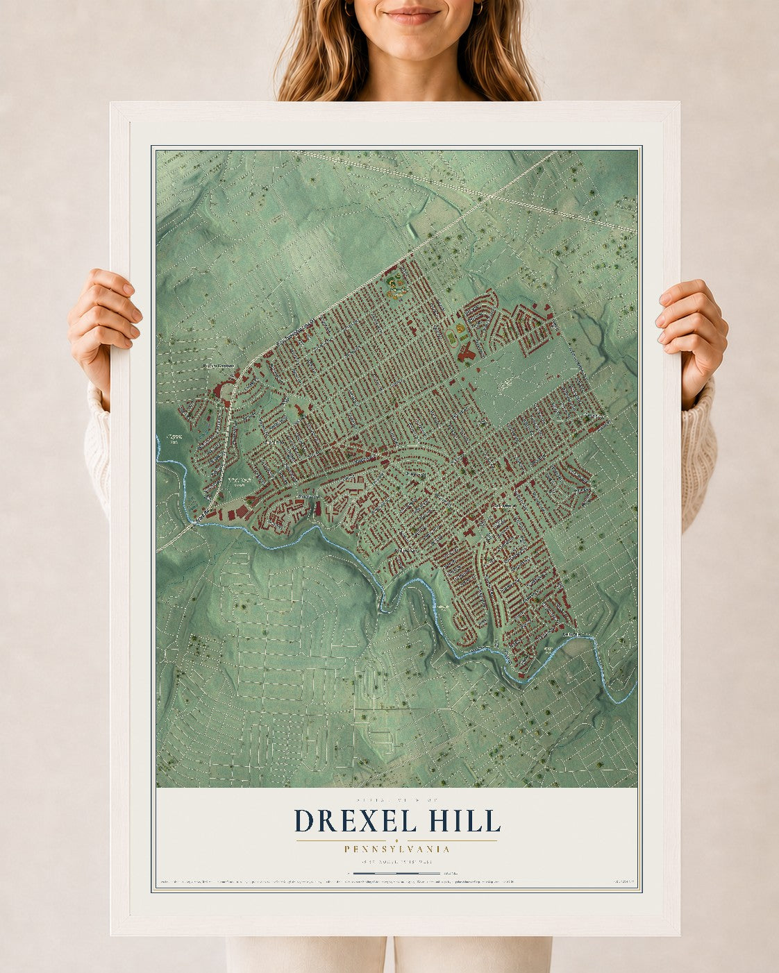 Map of Drexel Hill, Pennsylvania, 24 x 36 inch print in a white wood frame