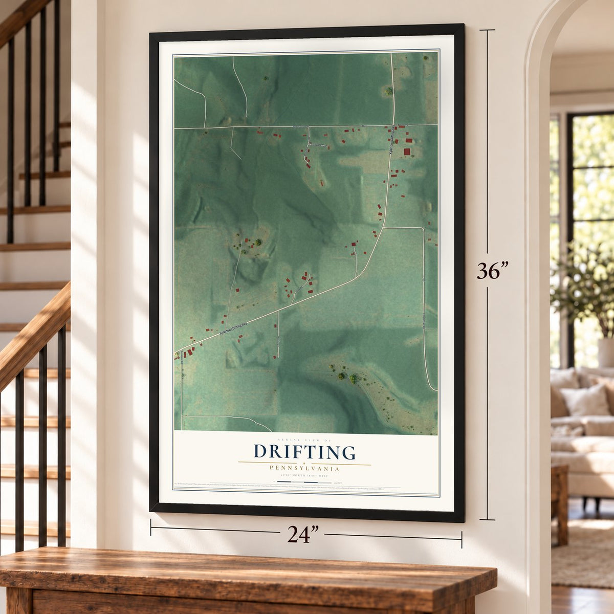 Drifting, Pennsylvania map, 24 x 36 inch print in a black frame by a staircase