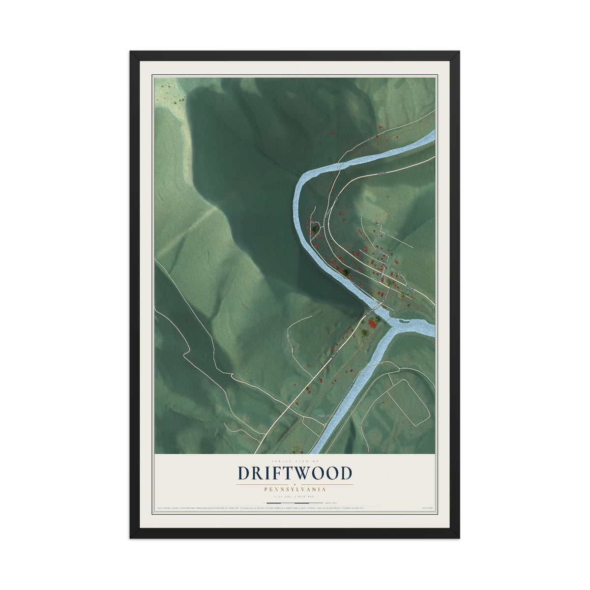 Map of Driftwood, Pennsylvania, 12 x 18 inch print in a black wood frame