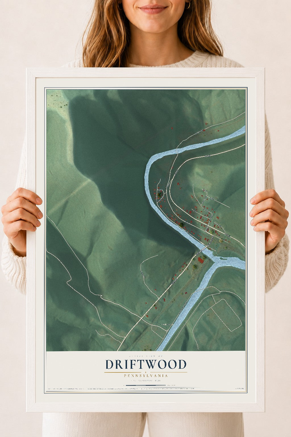 Map of Driftwood, Pennsylvania, 18 x 24 inch print in a white wood frame