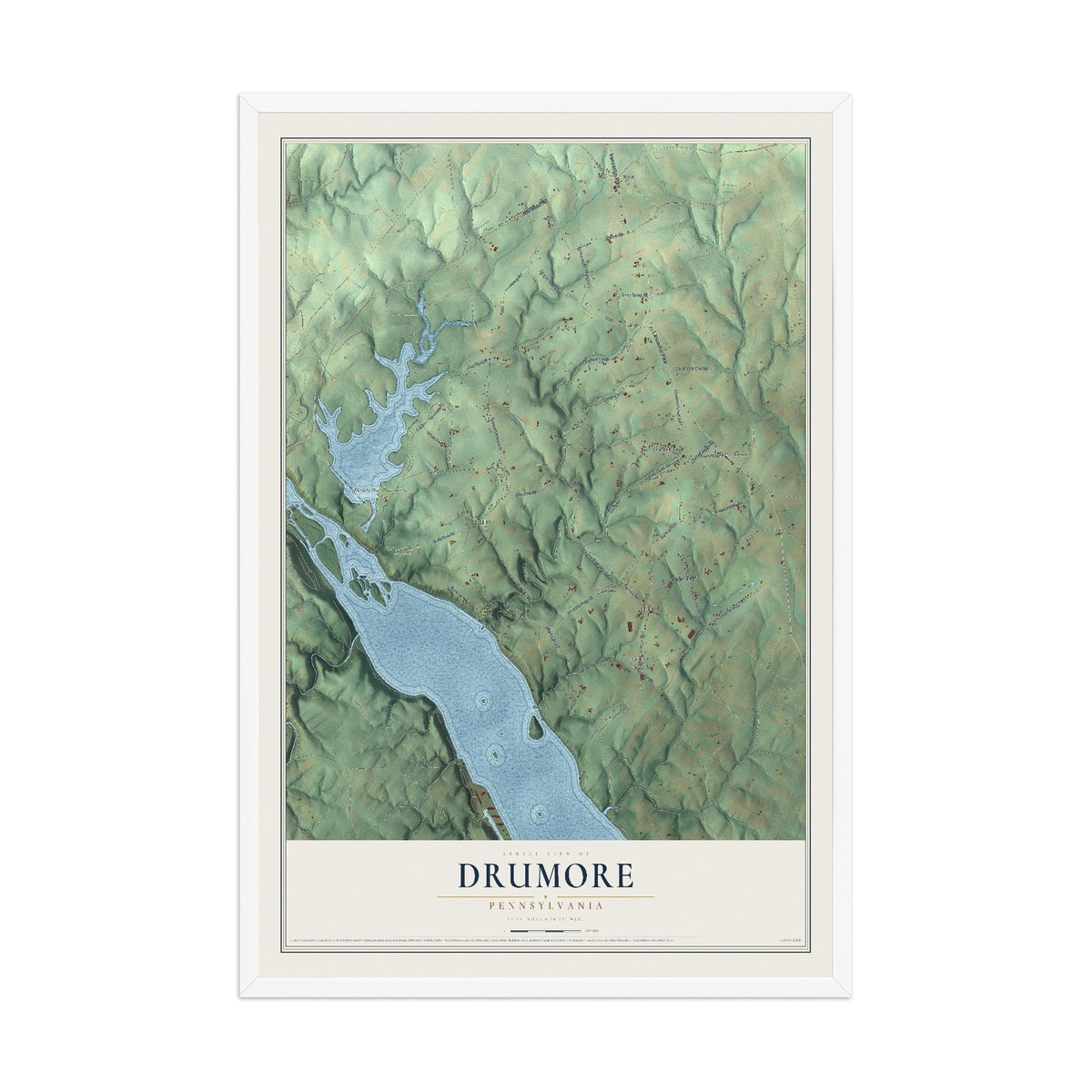 Map of Drumore, Pennsylvania, 12 x 18 inch print in a white wood frame