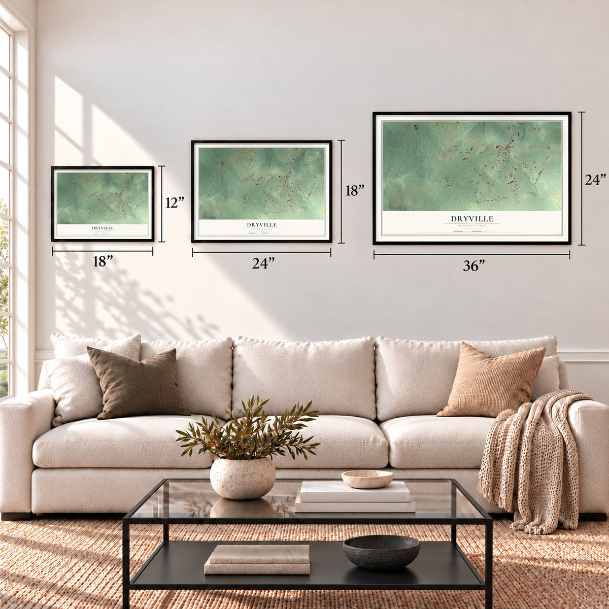 Dryville, Pennsylvania map in 12 x 18, 18 x 24 and 24 x 36 inch sizes above a sofa