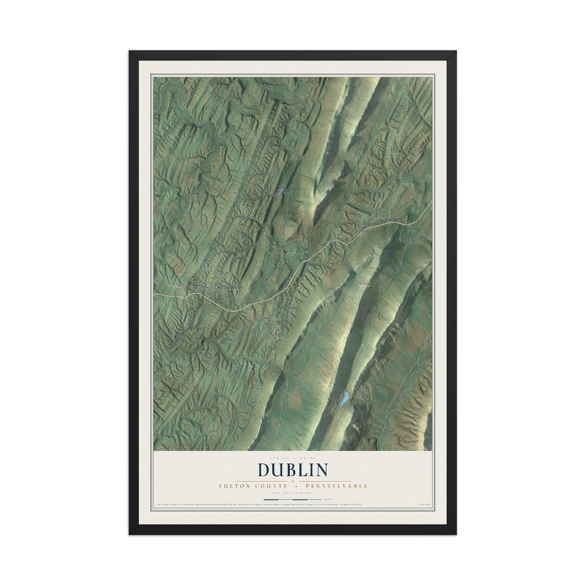 Map of Dublin, Fulton County, Pennsylvania, 12 x 18 inch print in a black wood frame